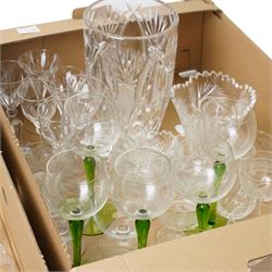 Collection of mixed crystal and glassware, to include a 19th century Scottish dram glass, green stem glasses, etc, in three boxes