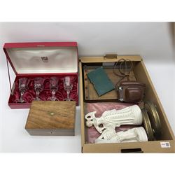 Assorted collectables, to include stamp album containing Great British and World stamps, including Barbados, Bermuda, British Guyana, Ceylon, Hong Kong China overprints, Cyprus overprint, Great British Imperf penny reds, etc., pair of bisque figures, oak paper guillotine, cased Kodak camera, etc. 