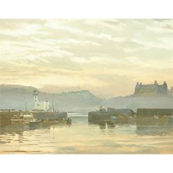 George Dickinson (British 20th century): Scarborough Harbour at Dusk, oil on board signed and dated 1990, 40cm x 50cm