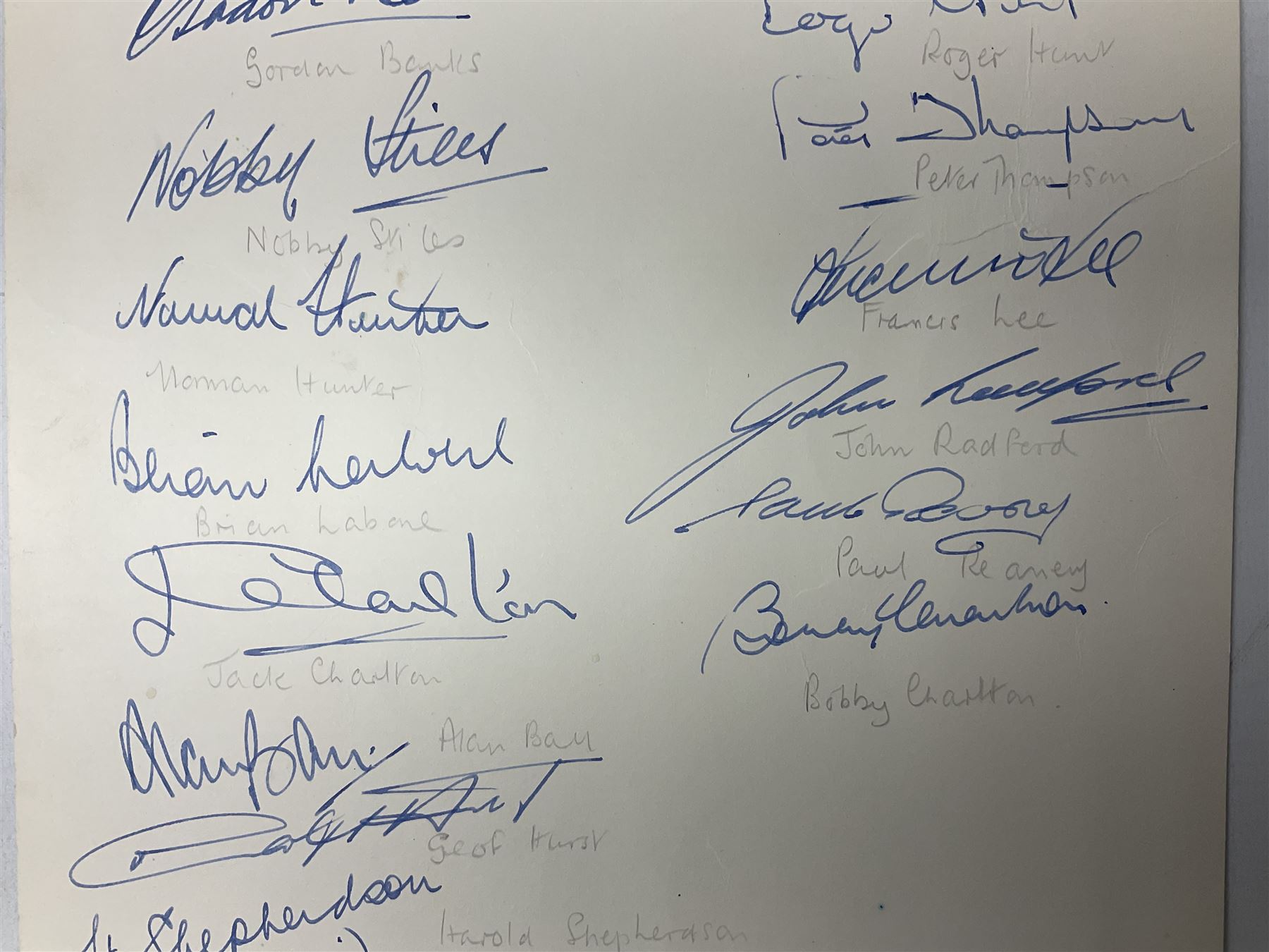 Hendon Hall Hotel letter heading signed by nineteen players and staff of the England football team including Alf Ramsey, Gordon Banks, Nobby Stiles, Jack Charlton, Alan Ball, Geoff Hurst, Martin Peters, Roger Hunt, Bobby Charlton, Norman Hunter, Francis Lee, Alan Mullery, Bob McNab etc probably before the 15th January1969 game against Romania as also signed by Paul Reaney