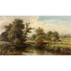 Walter Erasmus Ellis (British 1849-1918): Angler on the Riverside, oil on canvas 29.5cm x 52.5cm
