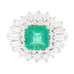 18ct white gold Colombian emerald and diamond cluster ring by Iliana, single octagonal cut...