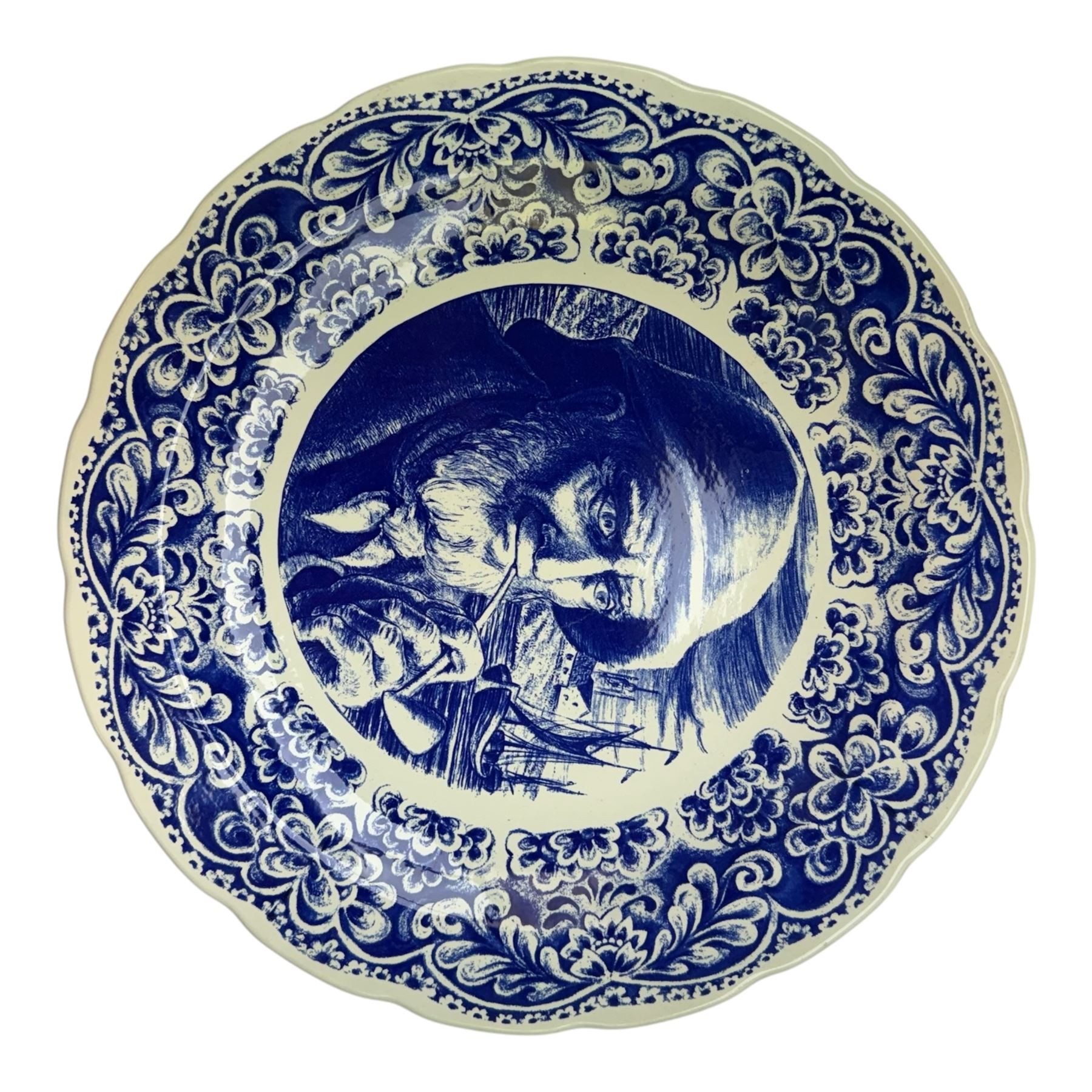 Ten Delft and similar chargers, including Delfts Blauw and Boch examples, largest D40cm