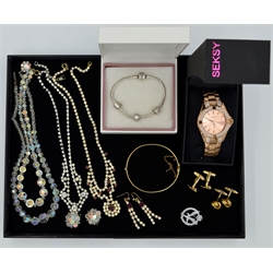  Pandora silver charm bracelet stamped 925 boxed, ladies Sekonda Seksy wristwatch boxed, pair of silver-gilt knot cuff-links stamped 925, bangle, necklaces etc  