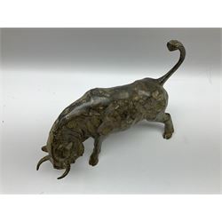 After Pierre Chenet, Bronze modelled as a Fighting Bull, signed Pierre Chenet, impressed Milan Foundry mark, H28cm, L40cm