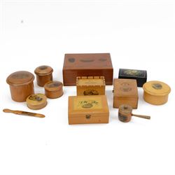 Collection of 19th century Mauchline ware treen, including  saucepan, page turner, money box etc 