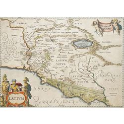 Jan Jansson (Johannes Janssonius) (Dutch 1588-1664): 'Latium', 17th century engraved map of Central Italy and Rome with hand-colouring pub. c.1653, 36cm x 49cm