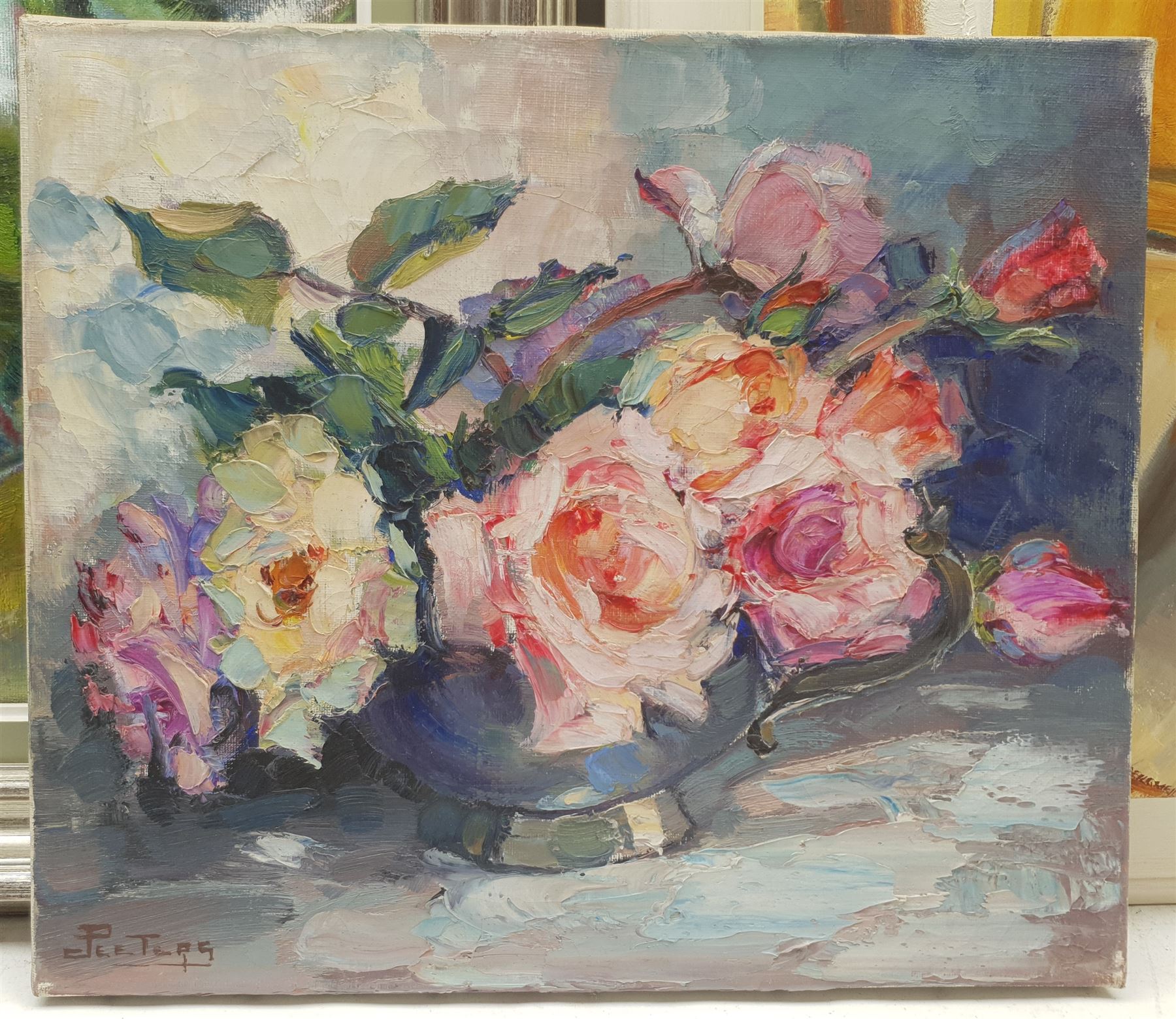 Monique Godaert-Jacquart (Belgian Conemporary): Abstract, oil on canvas signed and dated '92, together with two still life oils on canvas, max 64cm x 47cm (3)