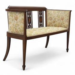 Edwardian mahogany boudoir suite couch, the couch back with three openwork splats inset with oval satinwood panels, the inlaid top rail extending to upholstered outswept ends, raised upon square tapering legs terminating in spade feet