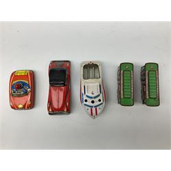 Seventeen modern Chinese, Japanese and Continental tin-plate toys including ice-cream vendor, zebra, cars, boat, aircraft, trams, locomotive, birds etc; all unboxed (17)