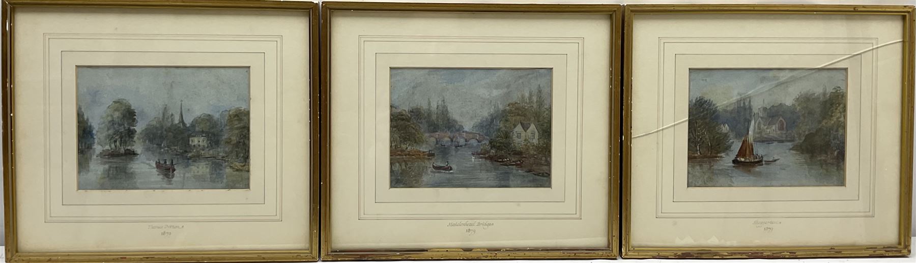English School (19th century): 'Shepperton' 'Maidenhead Bridge' and 'Thames Ditton, set three watercolours unsigned, titled and dated 1879 on mount 12cm x 17cm (3)