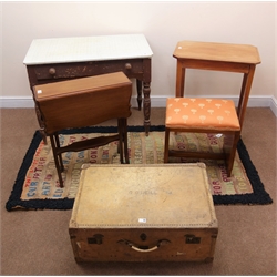  Art Deco style walnut finish stool, upholstered seat (W50cm, H48cm, D36cm), a vintage travelling trunk, hinged lid with clasps (W77cm, H32cm, D50cm) a painted pine table, a rug and two other tables (6)  