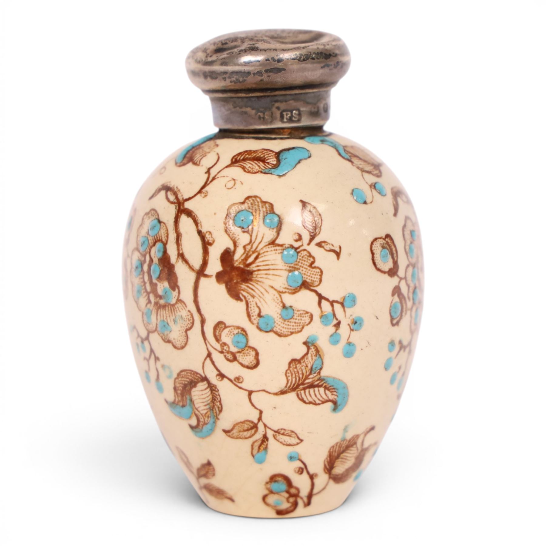 Victorian silver topped porcelain scent bottle, hallmarked Cornelius Saunders & Frank Shepherd, Birmingham, 1888, of ovoid form, decorated with floral sprigs upon a cream ground with blue enamel detail, H7cm
