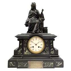 Parisian mantle clock in a Belgium slate case depicting a seated scholar in contemplation, break front case on a deep moulded plinth with inlaid panels of variegated marble, eight-day twin train countwheel striking movement striking the hours and half hours on a bell, with a white enamel dial, Roman numerals and minute markers, steel moon hands within a cast brass bezel with a flat bevelled glass. With pendulum  


