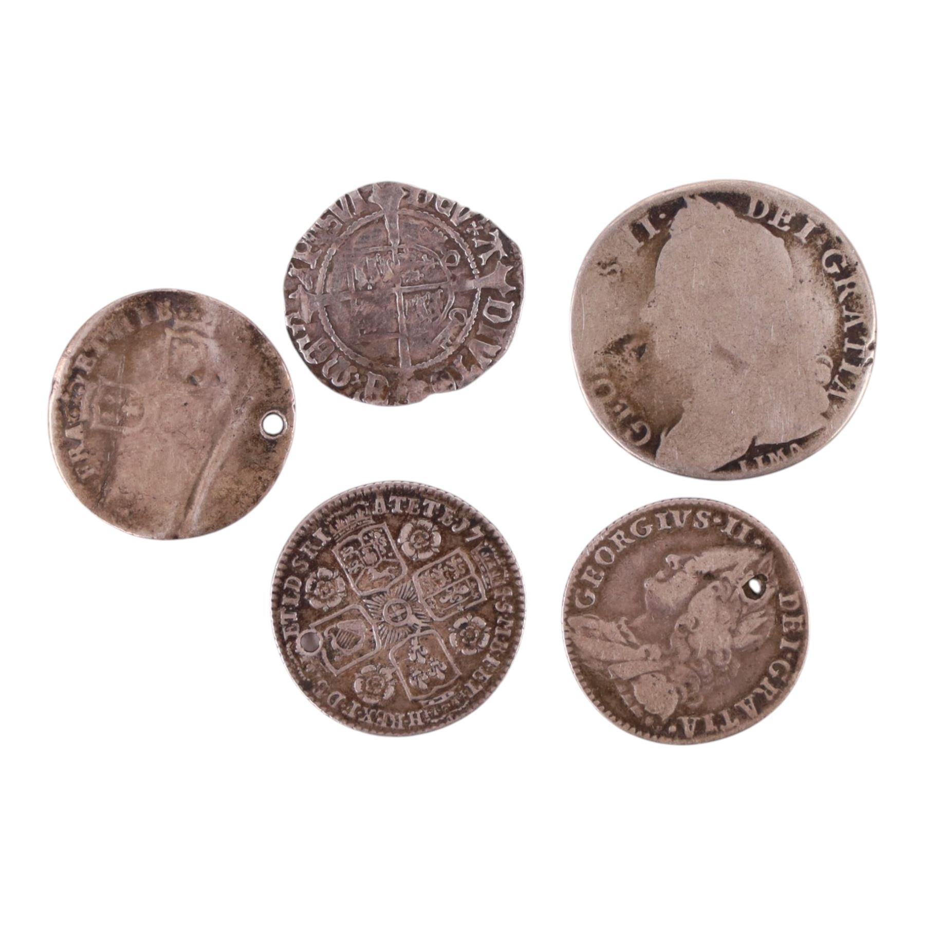 Henry VII silver half groat coin, York mint, William III silver sixpence, George II 1745 silver shilling, George II 1745 silver sixpence, and George II 1757 silver sixpence (5)