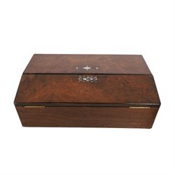19th century burr-walnut writing slope, with inlaid mother-of-pearl decoration, fitted interior and two inkwells, together with a  parquetry writing slope, H16cm