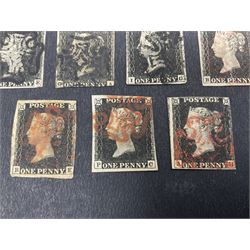 Seven Great Britain Queen Victoria penny black stamps, three with black and four with red MX cancels