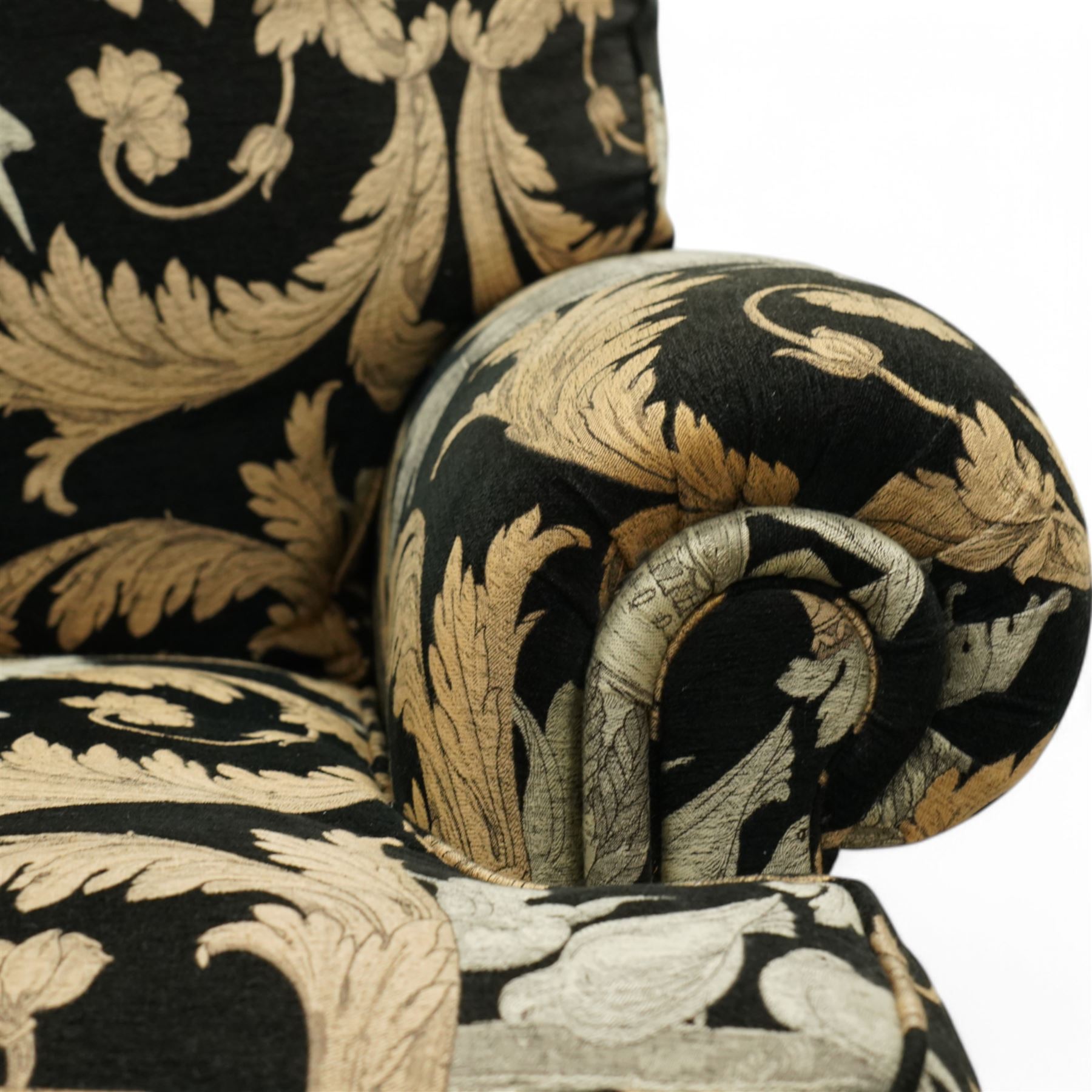 Duresta - hardwood-framed armchair, of traditional shaped with rolled arms, upholstered in arabesque pattern fabric decorated with urns and birds 