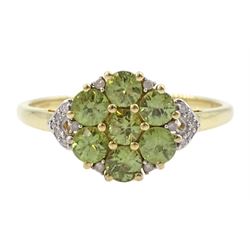 9ct gold demantoid garnet and round brilliant cut diamond cluster ring, hallmarked