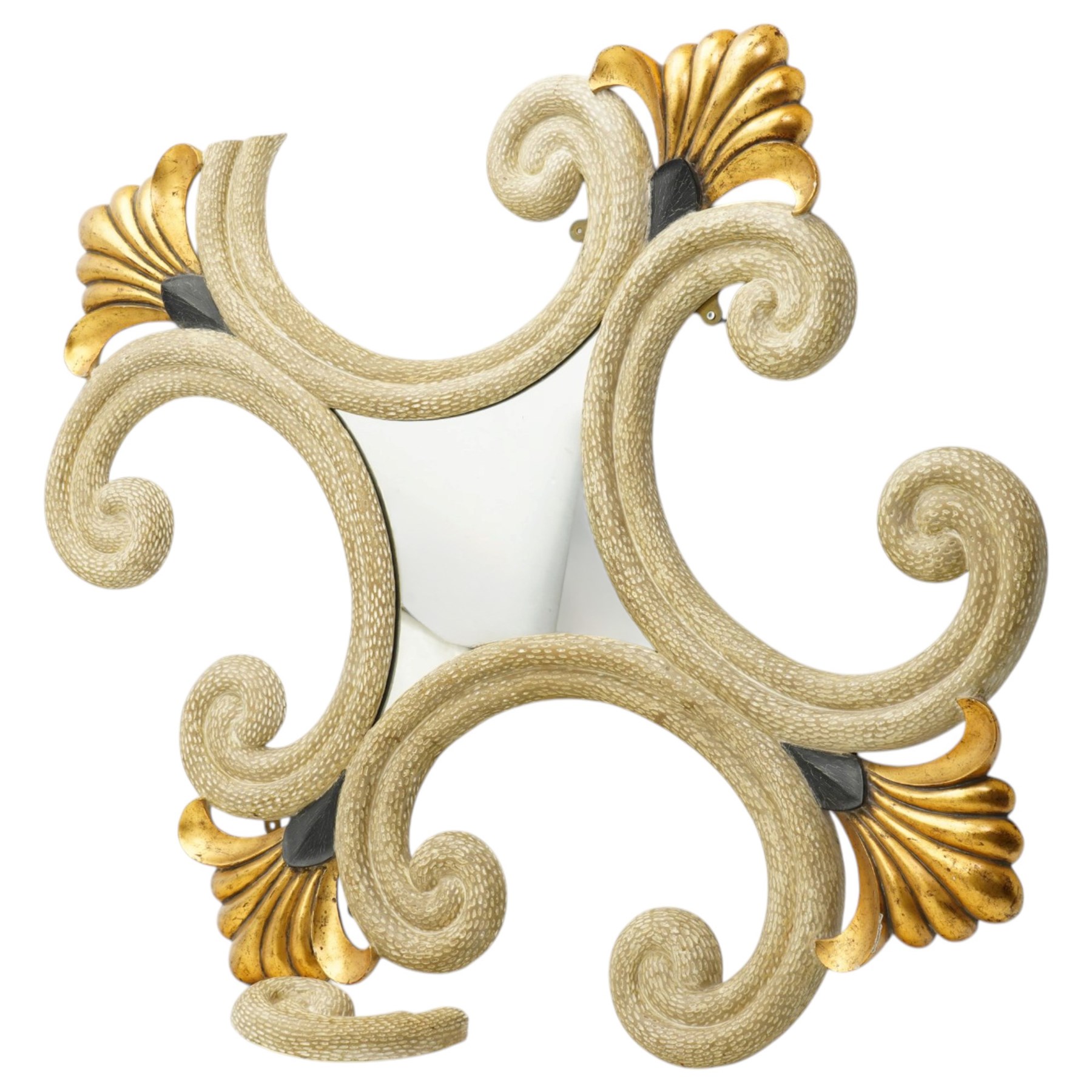 Rococo design gilt and painted wall mirror, the central mirror plate surrounded by an elaborate openwork frame of scrolling C-scrolls and volutes, decorated with gilt shell motifs and contrasting black painted details