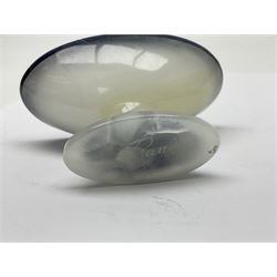 Pair of lapis lazuli and agate open salts, of navette form, upon a stepped oval pedestal foot, H5cm, L8cm