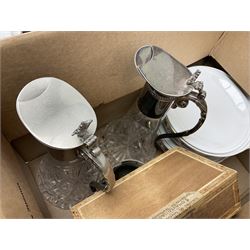 Pair of silver plate and cut glass decanters, together with Burleigh ware dinner wares and other collectables, in two boxes 