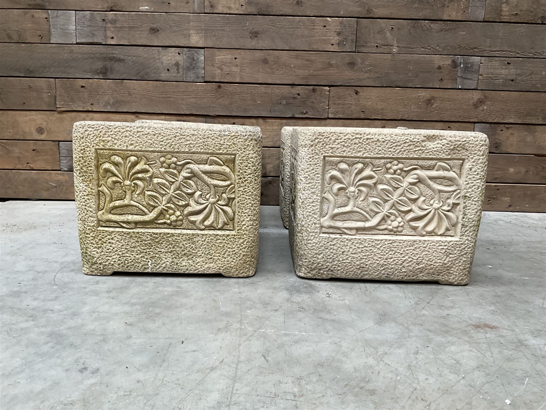 Set four Cotswold Studios Ltd square cast stone garden planters 