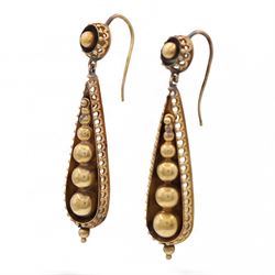 Pair of 19th century gold bead pendant earrings, each set with five graduating beads suspended within a pear shape setting