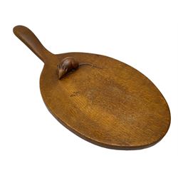 Mouseman - circa. 1940s/50s adzed oak cheese board, oval form with handle, the board carved with mouse signature, by Robert Thompson of Kilburn, L37cm D18cm 