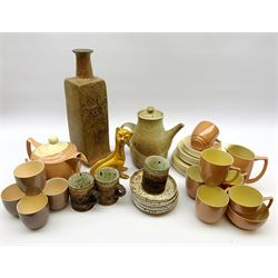 A stoneware speckled glaze coffee pot, impressed mark, three matched coffee cups and four saucers, together with a Branksome China part tea set, a stoneware square section vase and a yellow glazed model of a winking cat H18cm 