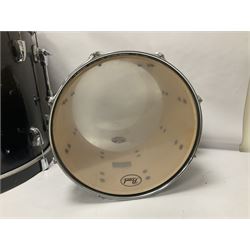 Pearl Vision SST Birch Ply shell four-piece drum kit in black comprising bass drum with foot pedal and three graduated toms; together with Pearl Custom Alloy Sensitone steel snare drum, drum and cymbal stands, microphone stand, stool and various drum sticks 