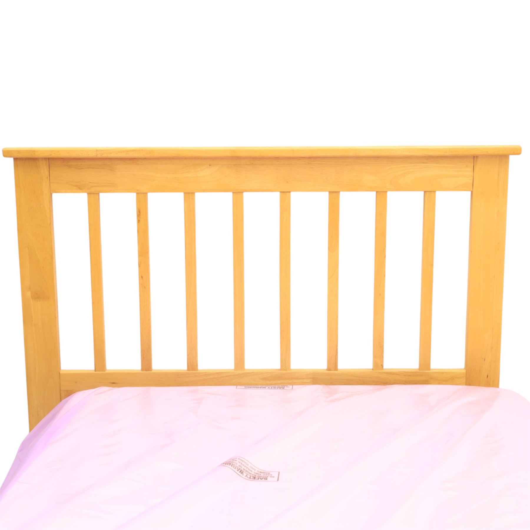 Contemporary light oak trundle bed, slatted headboard and footboard,  incorporating pull-out trundle bed on castors, complete with two memory foam mattresses