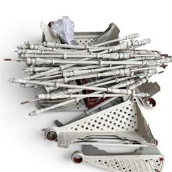 Victorian design cast iron spiral staircase, sixteen pierced treads, ornate balustrades, with landing and handrail painted in cream finish, height of pole 250cm, width of steps 74cm