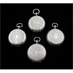 Four 19th/early 20th century silver open face ladies cylinder pocket watches, white enamel and silver decorated dials with Roman numerals, engraved cases with cartouche hallmarked