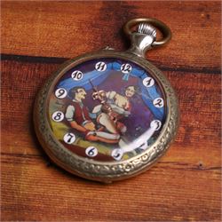 20th century silver plated pocket watch, the dial later printed with an erotic scene, D5cm