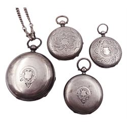 Victorian silver open face keyless lever pocket by Waltham, No. 4868433, Birmingham 1891, with silver watch chain, smaller Waltham lever pocket watch and two silver cylinder pocket watches