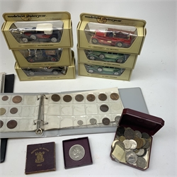 Six boxed Matchbox 'Models of yesteryear', King George VI 1951 Festival of Britain crown, Great British pre-decimal coins, World coins etc