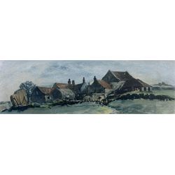 George Weatherill (British 1810-1890): 'A Farm at Twilight', watercolour unsigned 9cm x 28cm 
Provenance: exh. Abbott & Holder, label verso; inscribed 'from a private collection of Weatherills formed c1930'