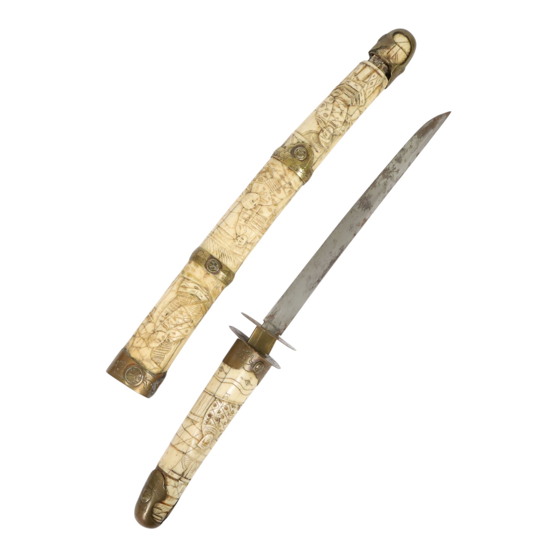 Japanese Bone Tanto, with 20cm single edged blade, with carved bone handle and scabbard, with figural decoration, overall L48cm