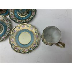 Noritake coffee service, hand painted with roses and gilt detail on a blue ground, comrosing coffee pot, five cups and saucers