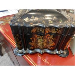 Victorian black lacquered papier-mâché sewing box, of rectangular form with shaped sides, the slightly domed top with inlaid mother of pearl and abalone decoration, the sides with gilt and polychrome painted scrollwork, the hinged cover opening to reveal a fitted interior with lift out tray, H14cm
