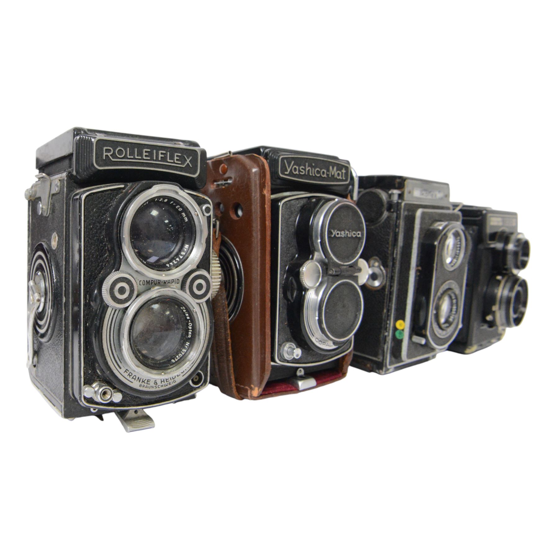 Four medium format TLR cameras, comprising Zeiss Ikon Ikoflex serial no. TD17003 with Tessar 1:3.5 f=7.5cm and Teronar Suchar-Anastigmat 1:3.5 f=7.5cm lenses, Franke & Heidecke Rolleiflex serial no. 1164037 with Tessar 1:2.8 f=80mm and Heidoscop-Anastigmat 1:2.8 f= 80mm lenses, Yashica-Mat Copal MXV serial no. MT 2050640 with Yashinon 1:3.5 f=80mm and View-Yashinon 1:3.2 f=80mm lenses and a Lomo Lubitel 166B serial no. 83169658 with T-22 4.5/75 lenses