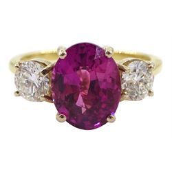 18ct gold three stone oval pink sapphire and round brilliant cut diamond ring, pink sapphire approx 3.10 carat, total diamond weight approx 0.80 carat