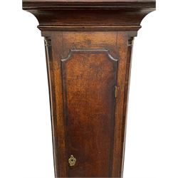 William Lister (II) of Keighley – 8-day 18th century oak cased longcase clock c1760, hood with a break front flat topped pediment and eglomise  frieze beneath, square hood door flanked by matching pilasters with gesso capitals, trunk with quarter columns and long trunk door with a flat top and convex shoulders, square plinth with a decorative skirting, 12” brass dial with rococo spandrels, engraved dial center, silvered chapter with Roman numerals, five minute Arabic’s, half hour markers and minute track, semi-circular apertures with engraved calendar and moon phase/lunar age discs, original blue steel fretted hands, four pillar rack striking movement with a recoil anchor escapement, striking the hours on a bell. With pendulum, weights and key.
The Lister family were a prolific family of clockmakers working in the West Riding of Yorkshire during the 18th century. Working in various locations including Halifax, Keighley and Luddenden.
William Lister (I) is recorded as working in Keighley from 1715-37 and his son William (II) from 1735-1785.
