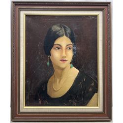 Philip Naviasky (Northern British 1894-1983): Portrait of a Young Lady with Jade Drop Earrings, oil on canvas signed and dated 1928, 49.5cm x 39.5cm