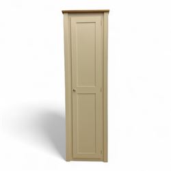 Contemporary painted pine single wardrobe, rectangular oak top over a single panelled door with round metal knob handle, enclosing part boarded interior with hanging rail and two fixed shelves
