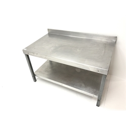  Stainless steel three tier preparation table, raised back with three dishes and single drawer (W153cm, H73cm, D62cm) and two tier stainless steel preparation table, raised back (W107cm, H69cm, D62cm) (2)  
