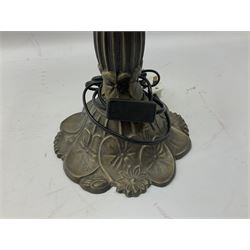 Tiffany style table lamp, with cast bronzed effect base with leaded and coloured glass effect shade, H66cm