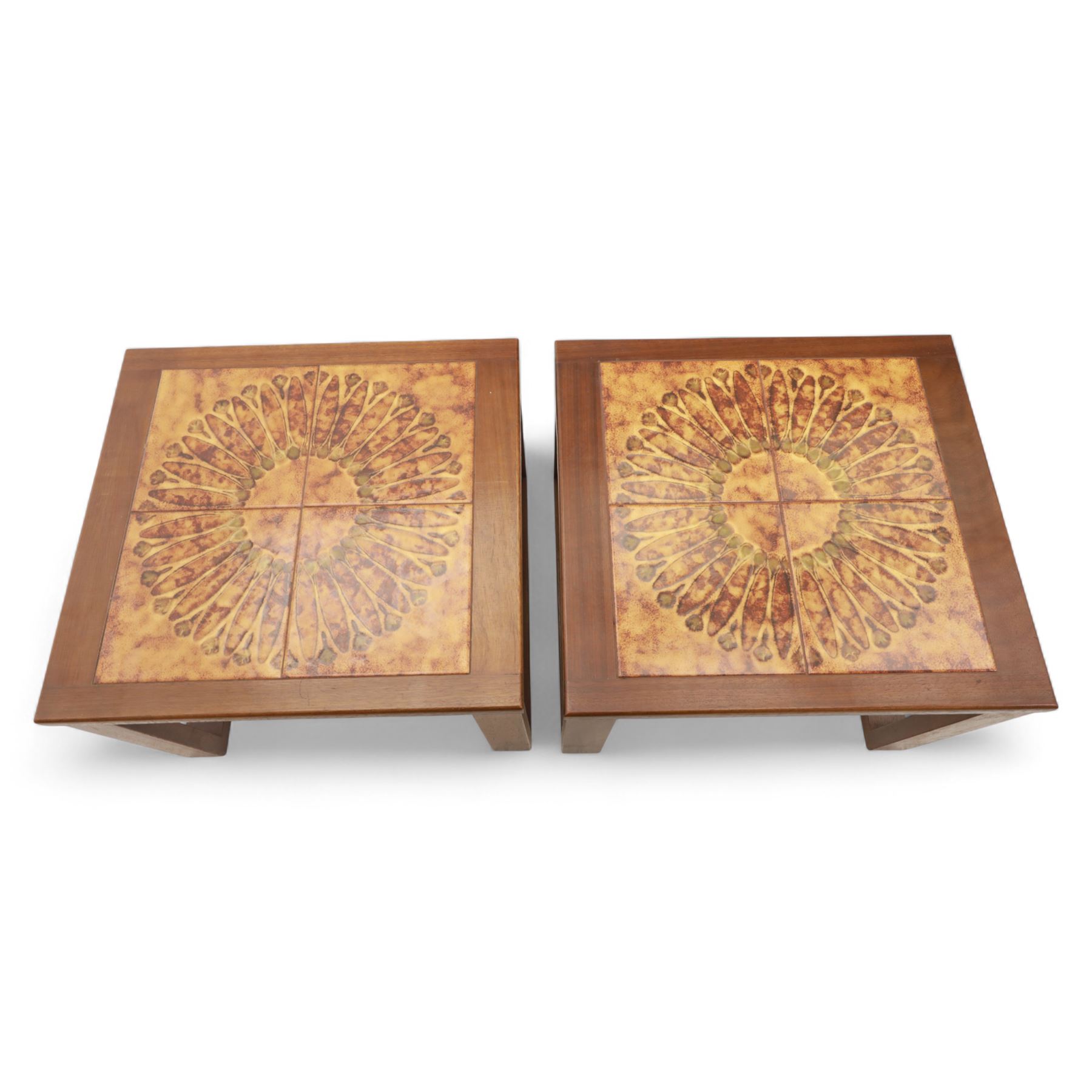 Mid-20th century ‘Long John’ teak nest of coffee tables, rectangular form with ceramic tile inset top, enclosing two smaller square tables with matching tile decoration