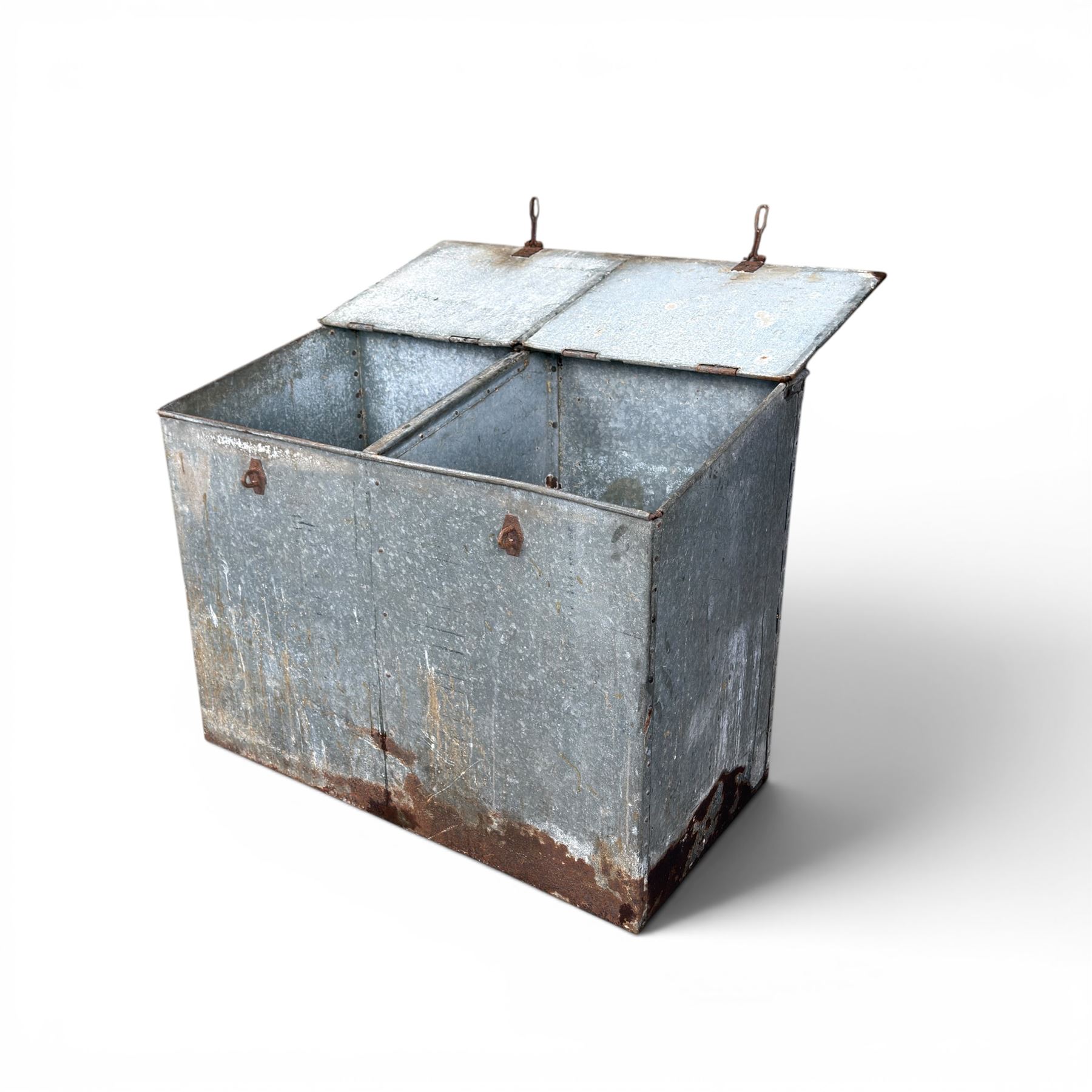 Early 20th century galvanised two division feed bin, sloped top